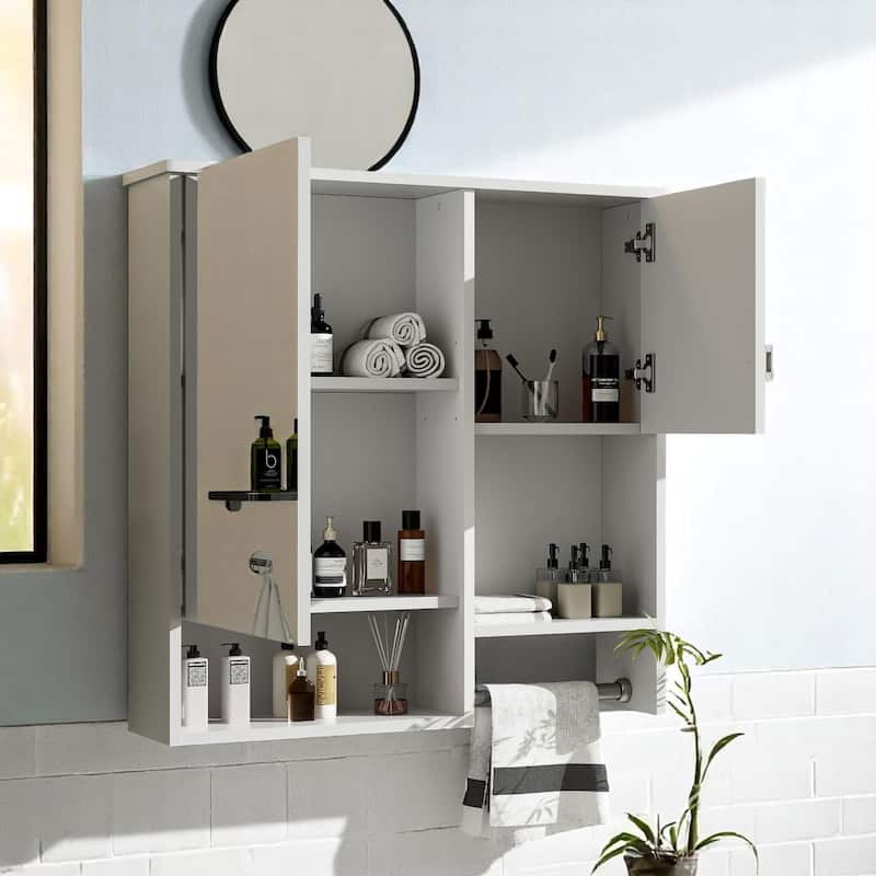 Modern 29" Bathroom Wall Cabinet with Mirror, 2 Doors, Adjustable Shelf, and Over-the-Toilet Towel Bar