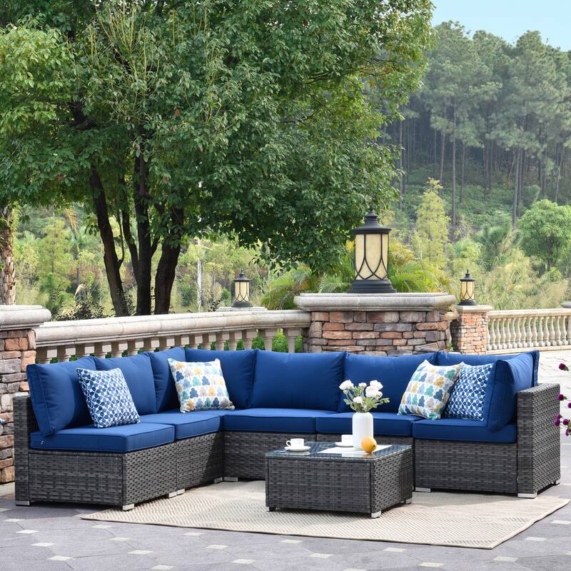 OVIOS Deep Seat Wicker 7-piece Sectional Set - Navy Blue