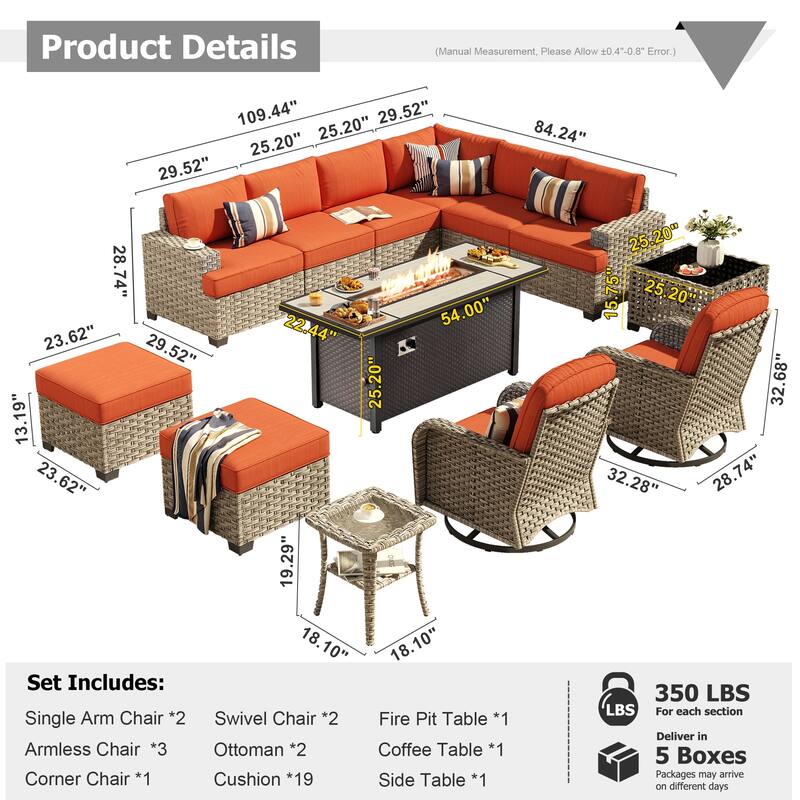 XIZZI 13-Piece Outdoor Wicker Sectional Swivel Chairs Set with Firepit Table