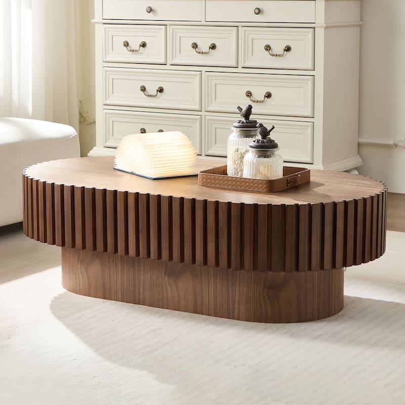 Walnut Drum Coffee Table Oval Center Table for Living Room Bedroom, Rustic End Table Sofa Table Side Table - Walnut