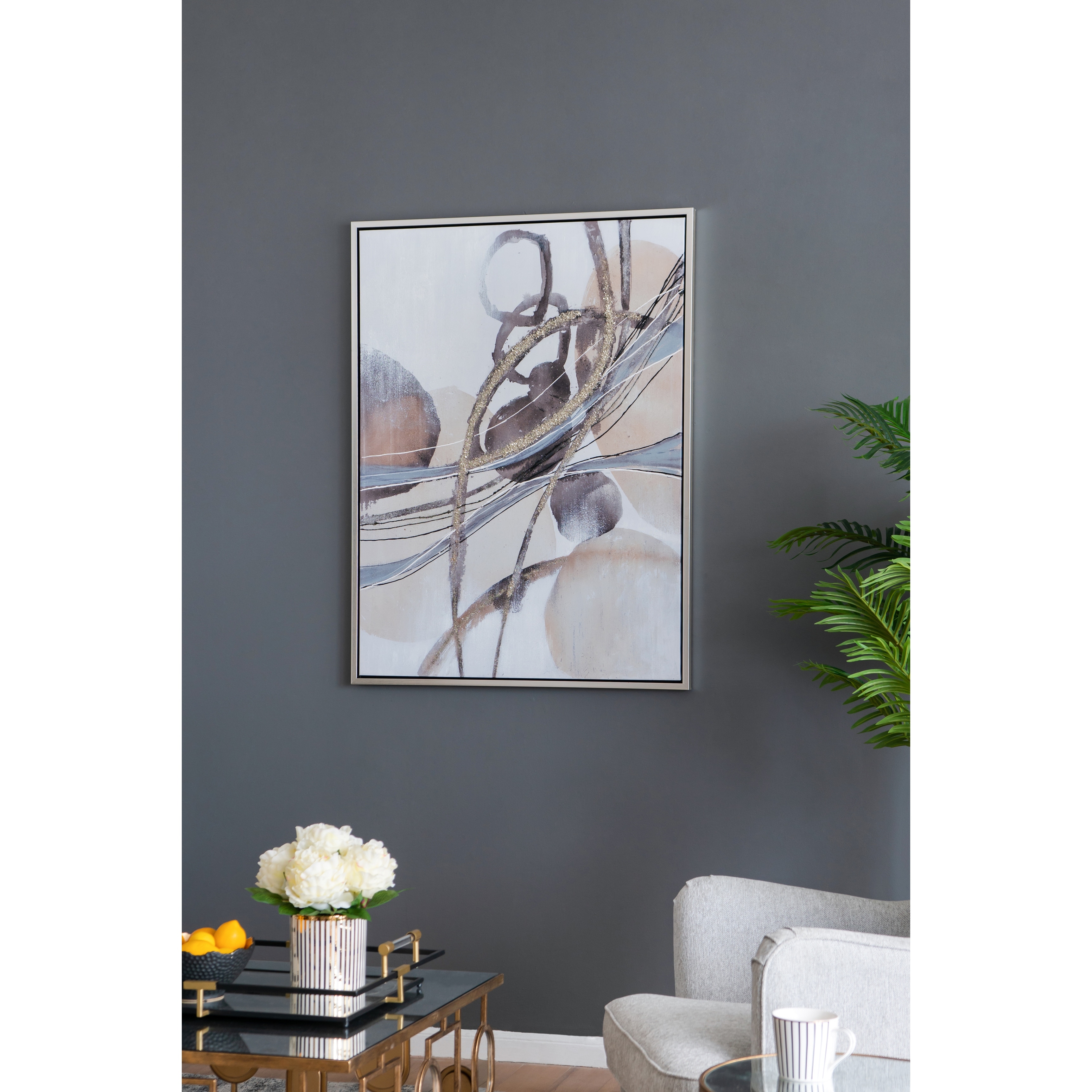 Modern Wall Decor Rectangle Abstract Watercolor Oil Painting with Silver Frame, for Matching Various Interior Styles