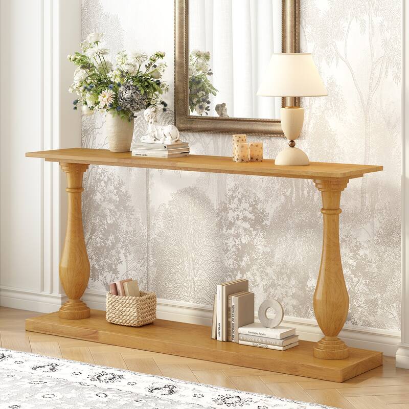 U_STYLE Vintage Sofa Table Console Table with Luxurious Pine Veneer and Elegance Vase-Leg Design