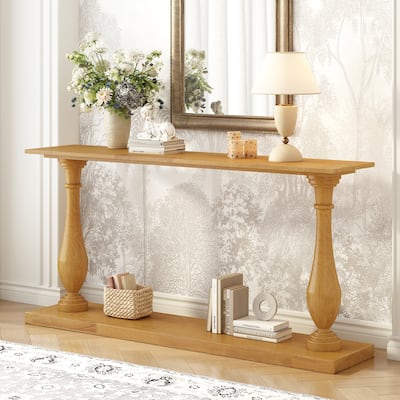 Vintage Extra Long Entryway Table Console Tables with Pine Veneer and Vase Leg, Sofa Table with Open Storage Shelf