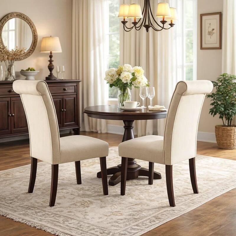 Fabric Upholstered Wooden Side Chair with Button Tufted Back, Beige and Brown