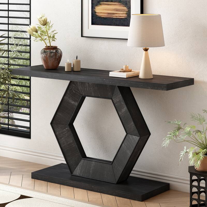 Fir Veneer Finish Entryway Table with Innovative Hollow Hexagon Leg, Hallway Tables Console Tables for Living Room - Black