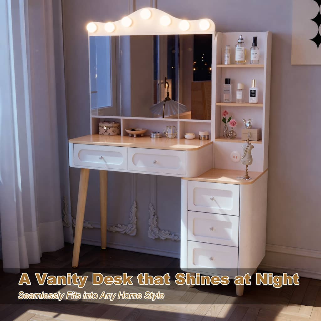 Vanity Desk with Foldable Mirror & Lights, Dressing Table Set with 2 USB Ports, 2 Drawers & 3 Drawer Chest, 3 Lighting Modes