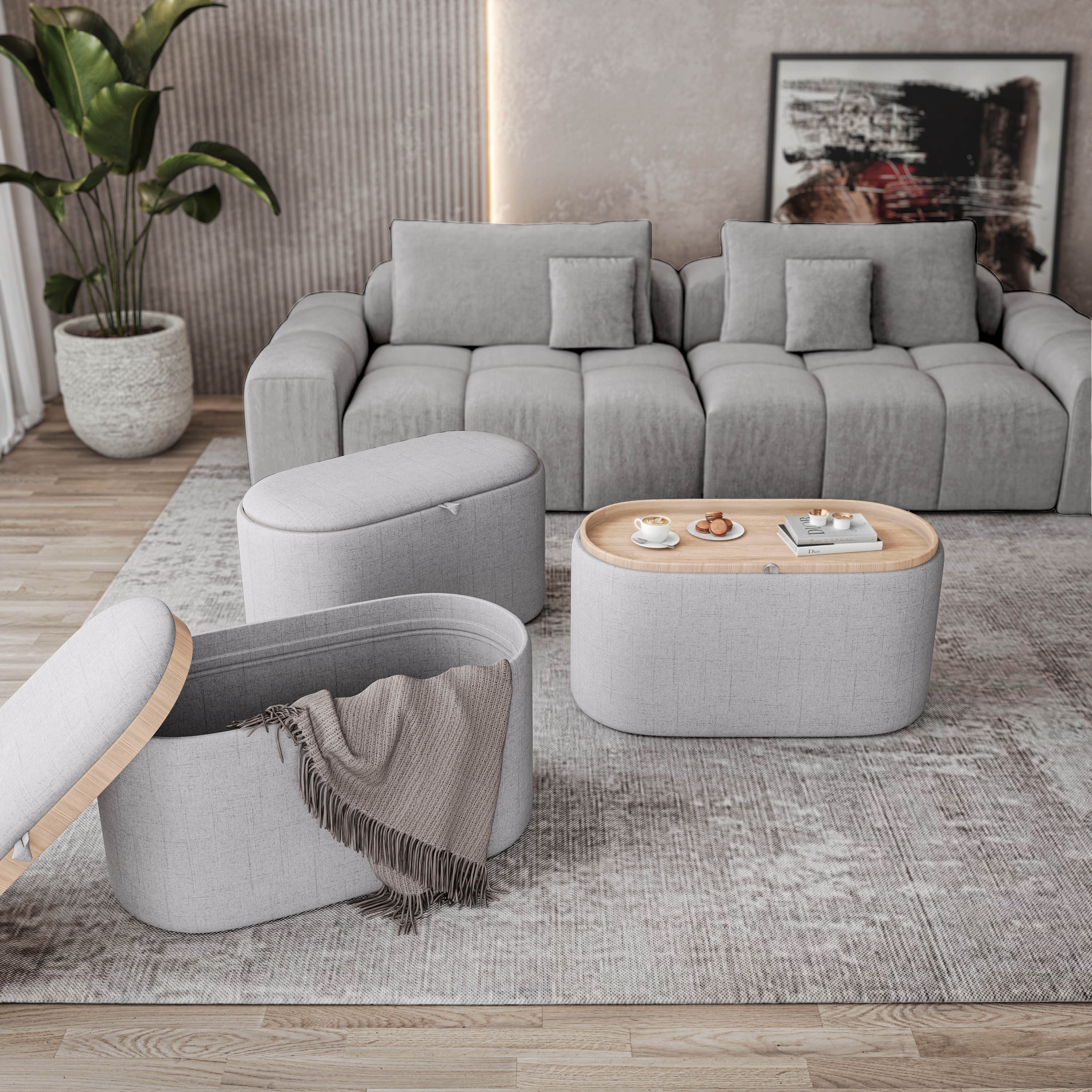 Storage Ottoman with Reversible Wooden Tray Top