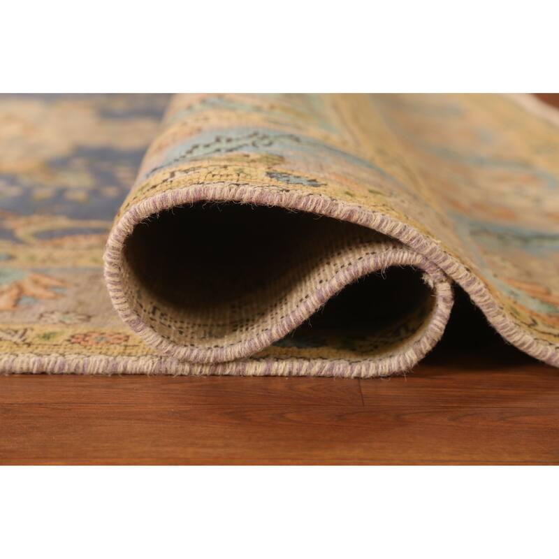 Hand Knotted Oriental 100% Wool Carpet Traditional Floral Navy Blue & Blues Tabriz Area Rug - 9' 10'' X 6' 7''