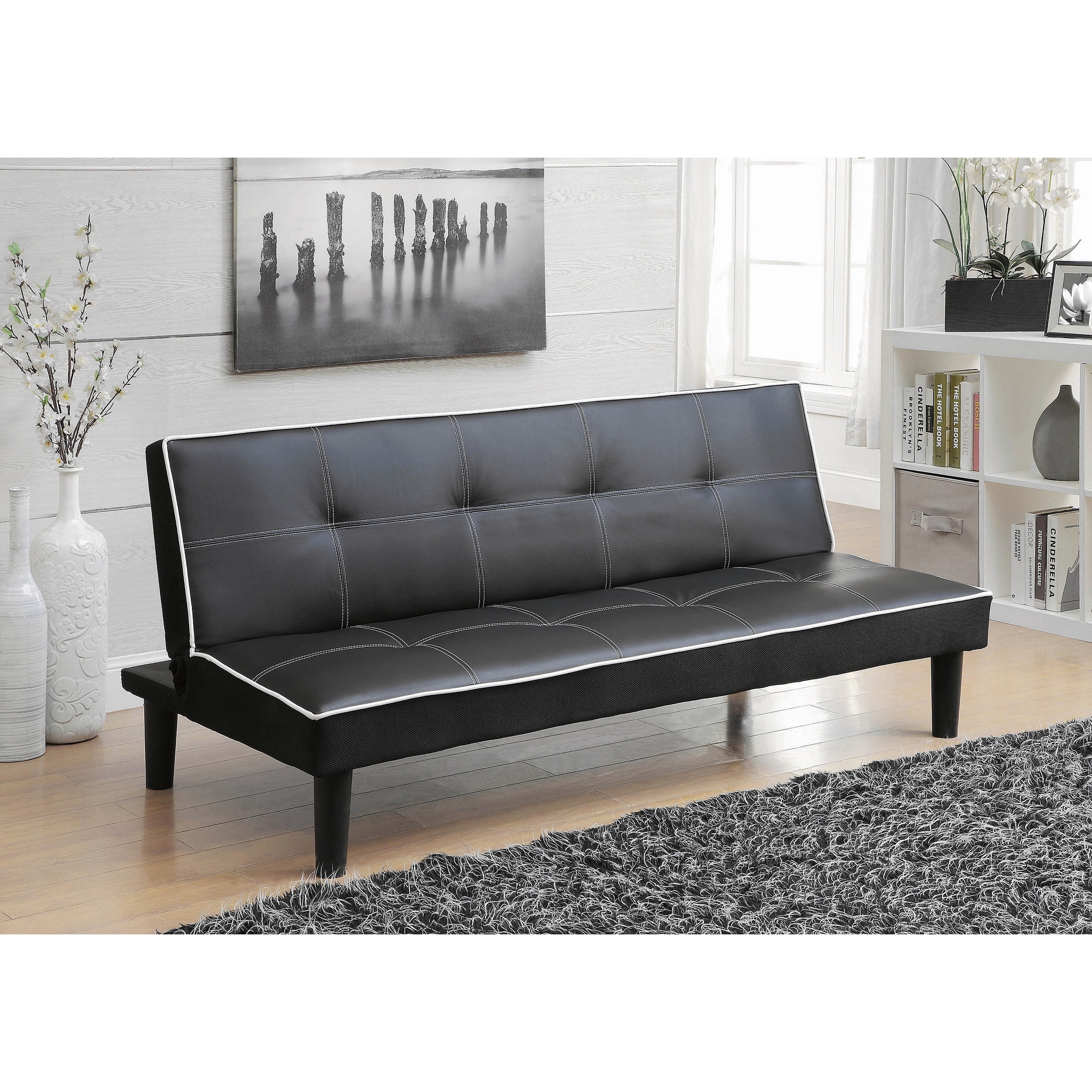 CDecor Cranston Black Armless Sofa Bed with Contrast Piping
