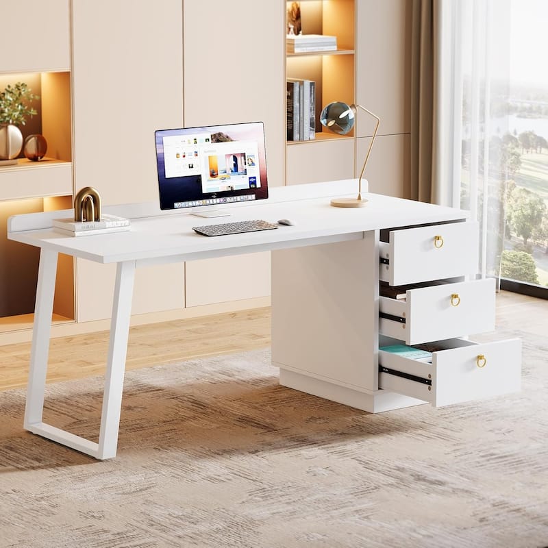 55 Inches Modern White Computer Desk with Drawers