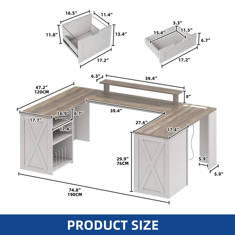 Moasis Farmhouse U-Shaped Desk with LED Lights & Power Outlet