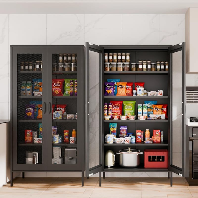 73 inches high metal storage cabinet with 2 wire mesh doors, suitable for homes, offices and dining rooms