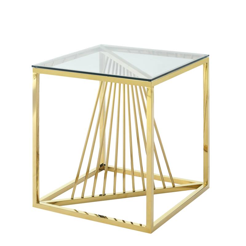 20 Inch Modern Glass Corner End Table with Geometric Metal Frame, Accent Table Nightstand Furniture