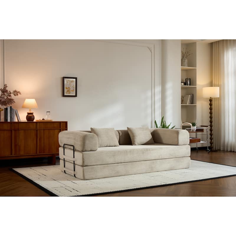 Convertible Sleeper Sofa Bed with Pillow, Corduroy Folding Mattress Couch with Fixed-Shape Frame, Floor Lounge Loveseat Sofa