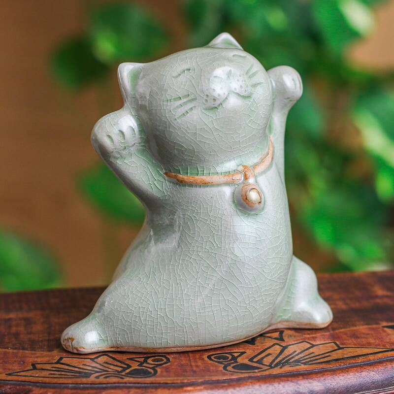 Novica Handmade Lucky And Playful Celadon Ceramic Figurine