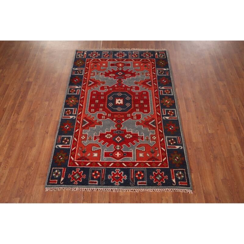 Geometric Kazak Indian Area Rug Handmade Wool Carpet - 4'0"x 5'11"