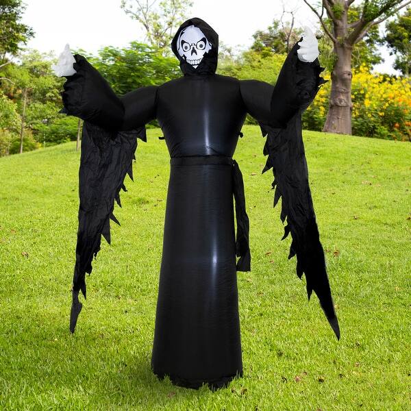 slide 2 of 8, Sunnydaze 7’ Grisly Grim Reaper Inflatable Halloween Decoration