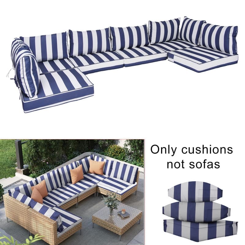 14 Pcs Outdoor Furniture Replacement Cushions Fits 6-seat Sectional Rattan Conversation Set (Only cushions+covers, no sofa.) - Blue & White Stripes