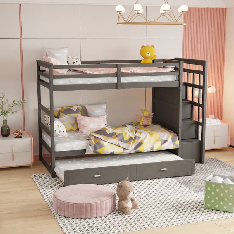 Solid Wood Twin Over Twin Bunk Bed with Trundle and Staircase