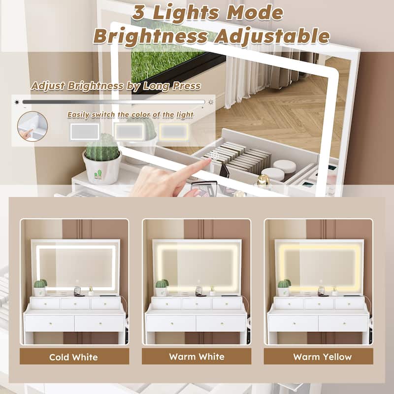 Mirror Vanity Desk,Makeup Vanity Set with Power Outlet and Hair dryer holder,5 Drawers,3 Lighting Color Adjustable