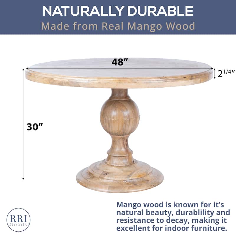 48" Round Dining Table, Antique Natural Mango Wood Pedestal Base