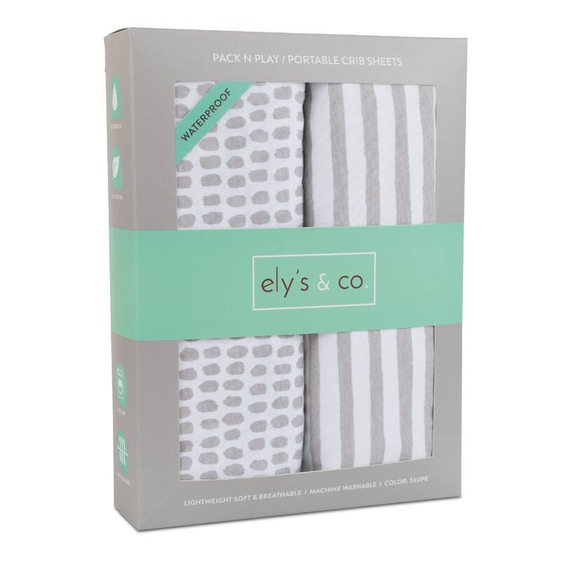 Ely's & Co. Waterproof Pack n Play - Mini Crib Sheet Set - 2 Pack - 38" x 24" - Taupe Stripes & Splash