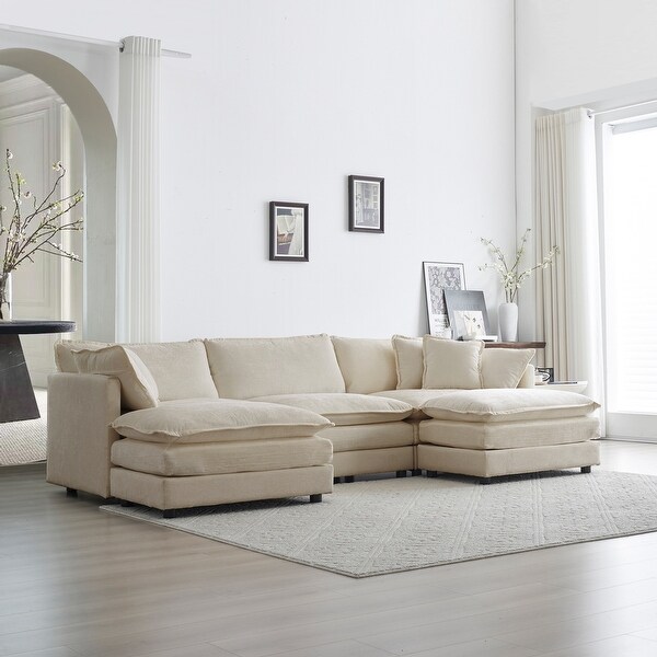U Shaped Sectional Convertible Recliner Couch Bed w Ottomans Pillows Beige