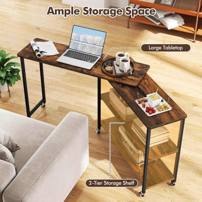 Costway Large 360° Free Rotating Sofa Side Table with Wheels Storage
