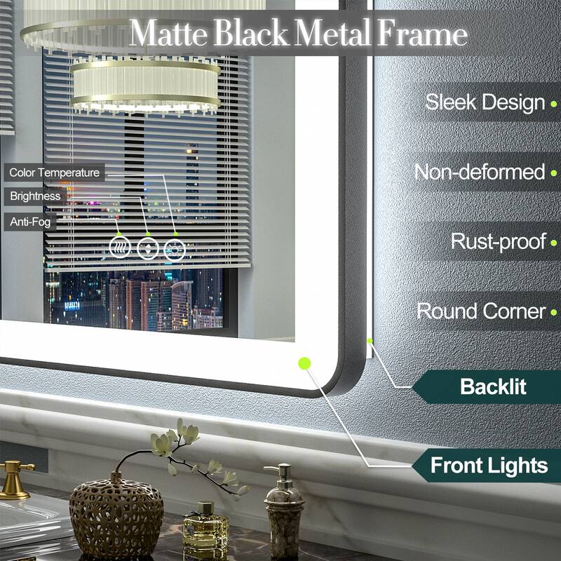 KIOTEE Rectangular Framed Front & Back LED Lighted Anti-Fog Tempered Glass Bathroom Vanity Mirror with ETL and 3-Year Warranty