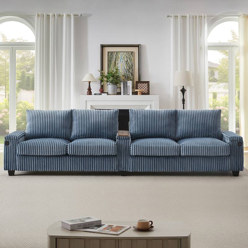 133-In Corduroy Sectional Sofa with USB Ports, Hidden Storage Arms, Flip-Top Cup Holders