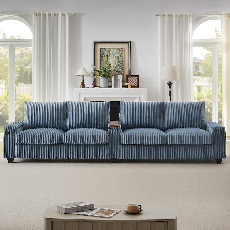 4-seater Corduroy Sofa Couch 133" Modern Sofa with USB Ports, Hidden Storage Arms, Flip-Top Cup Holders for Living Room