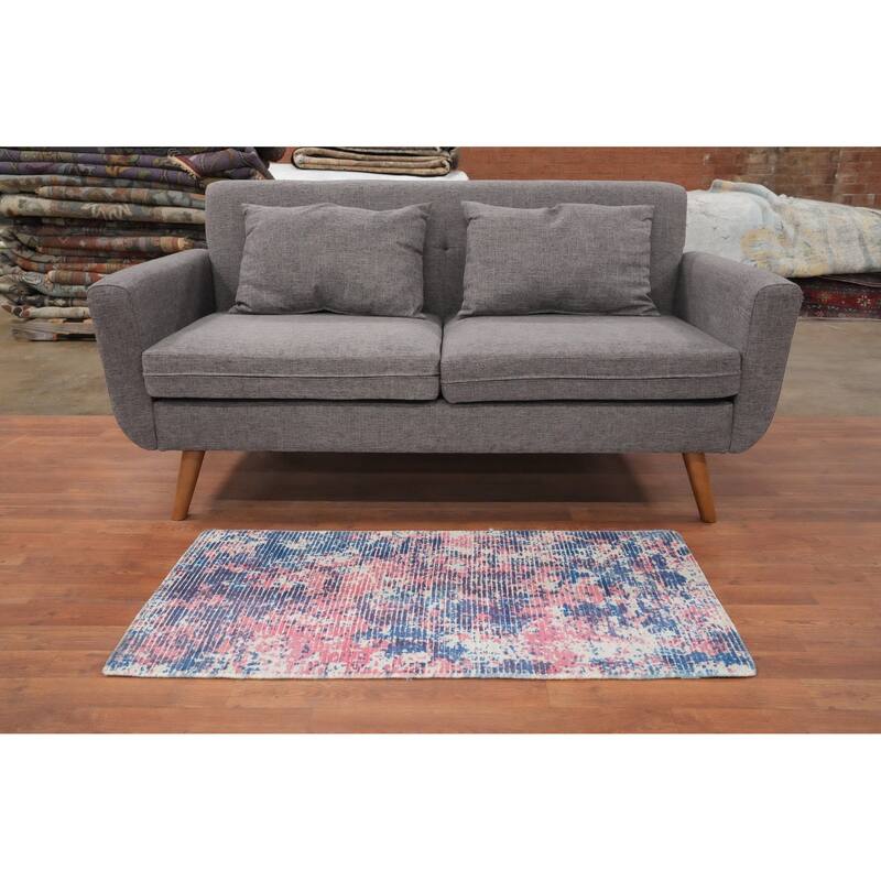 Hand Knotted Oriental Viscose Silk Carpet Modern All-Over Multi-Colored Abstract Area Rug - 4' 0'' X 2' 0''