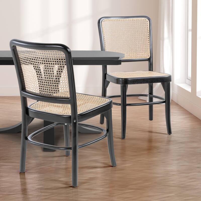 Cukor Mid-Century Vintage Wood Rattan Dining Chair, Natural (Set of 2) by JONATHAN Y
