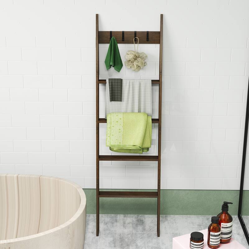 Brown Wicker Metal Ladder Bookshelf 5-Tier Towel Rack with Hooks and Anti-Tip Straps - 17" L x 3" W x 58.5" H