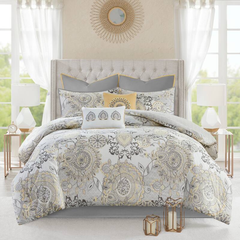 Madison Park Loleta 8 Piece Cotton Floral Printed Reversible Comforter Set - Yellow - King