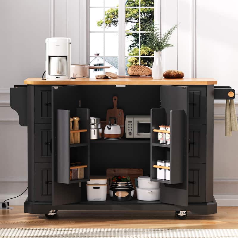 56" Rolling Kitchen Island with Storage Cabinet, Vertical Stripe Mobile Kitchen Cart Island Table with Power Outlet