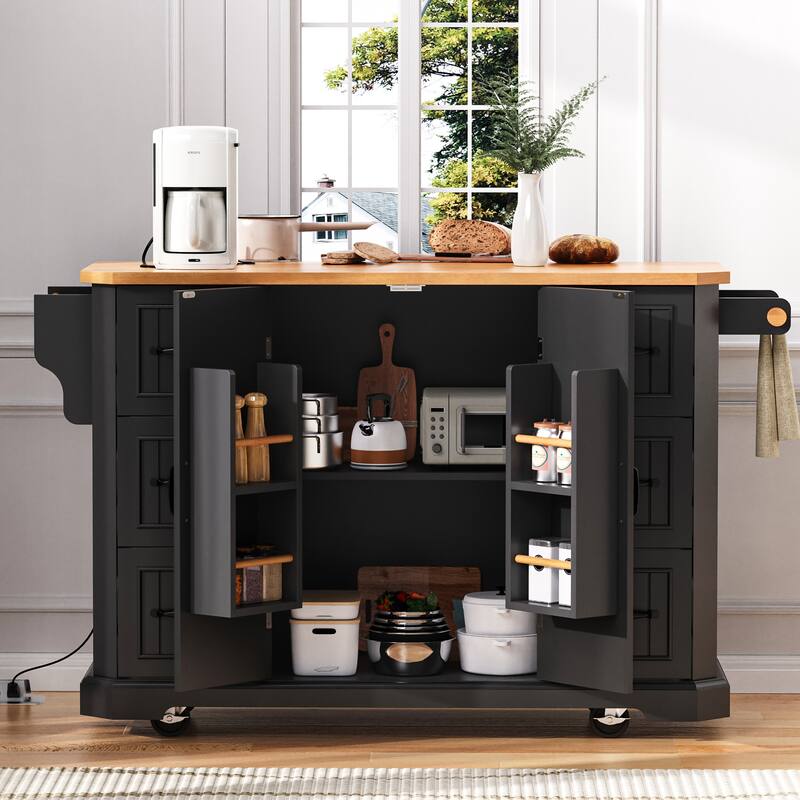 Kitchen Island Embossed Vertical Stripe Rolling Kitchen Cart with Rubber Wood Veneer Drop Leaf