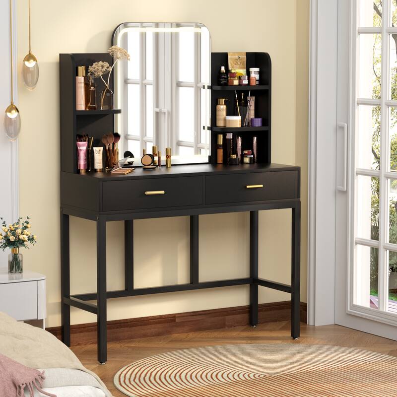 Modern Vanity Desk with LED Mirror, Makeup Table with Storage Drawers and Shelves - N/A