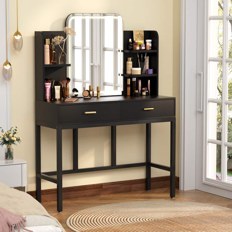 Vanity Table with LED Mirror, Kid's Makeup Vanity Desk with 2 Storage Drawers