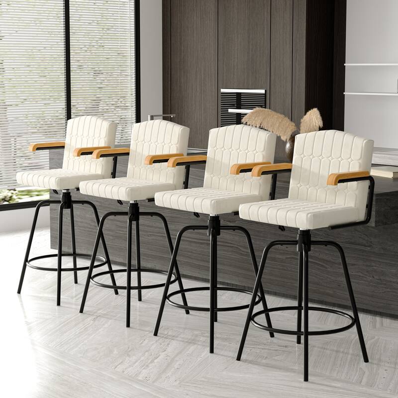 Javlergo Modern Upholstered Bar Stools with Backrest and Wooden Armrests Bar Height Stools with Metal Legs for Kitchen/Dining - Set of 4 - Beige