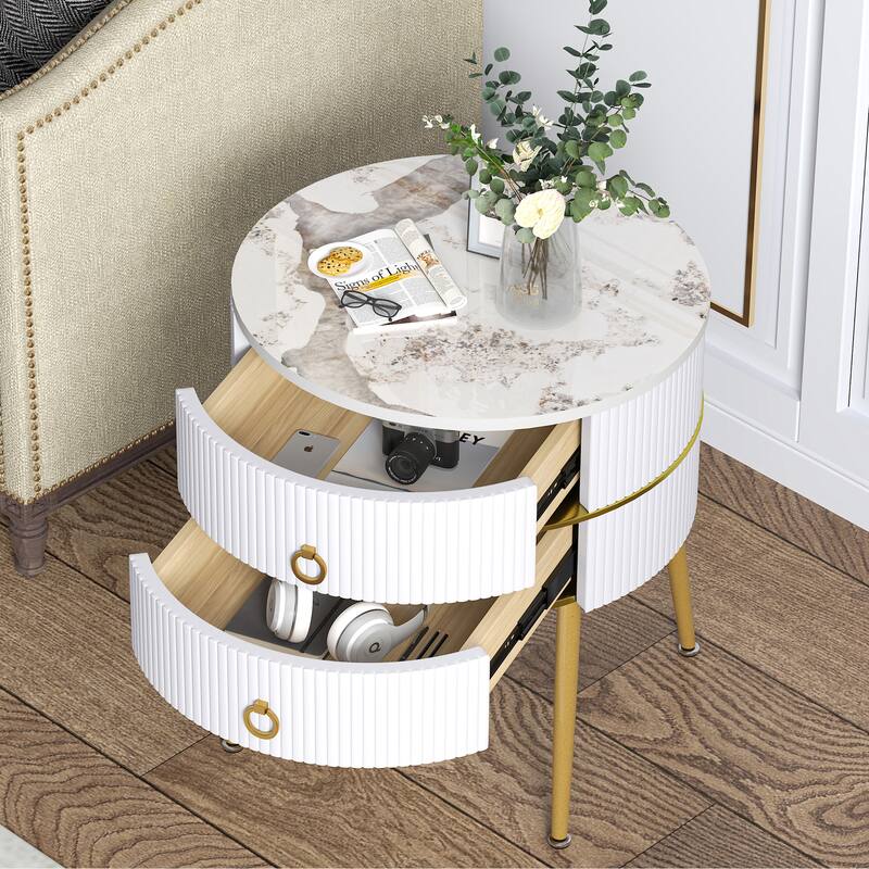 Myhozm Round End Table with Storage, Barrel-Shaped Nightstand for Living Room, Bedroom