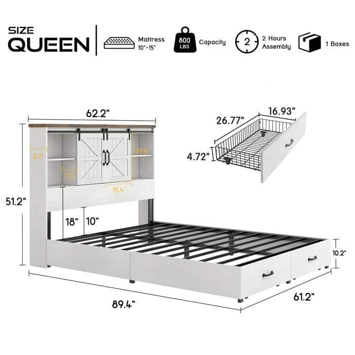 Farmhouse Platform Bed with Storage Drawers Shelves and Built In USB Charging Port Available
