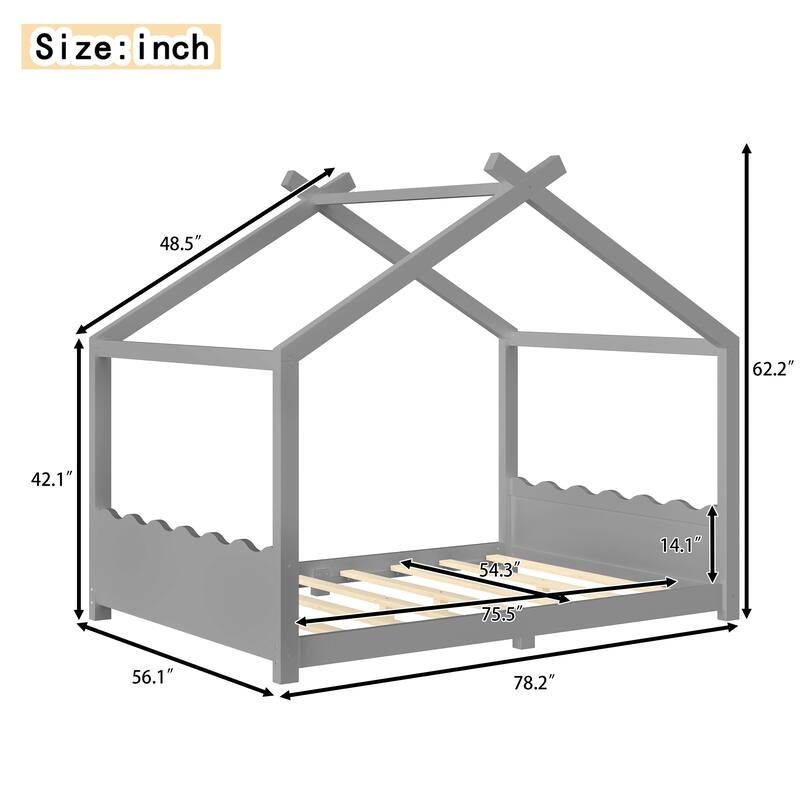 Full House Floor Bed with Support Slats, Solid Wood House Bed Frame for Kids, No Box Spring Needed