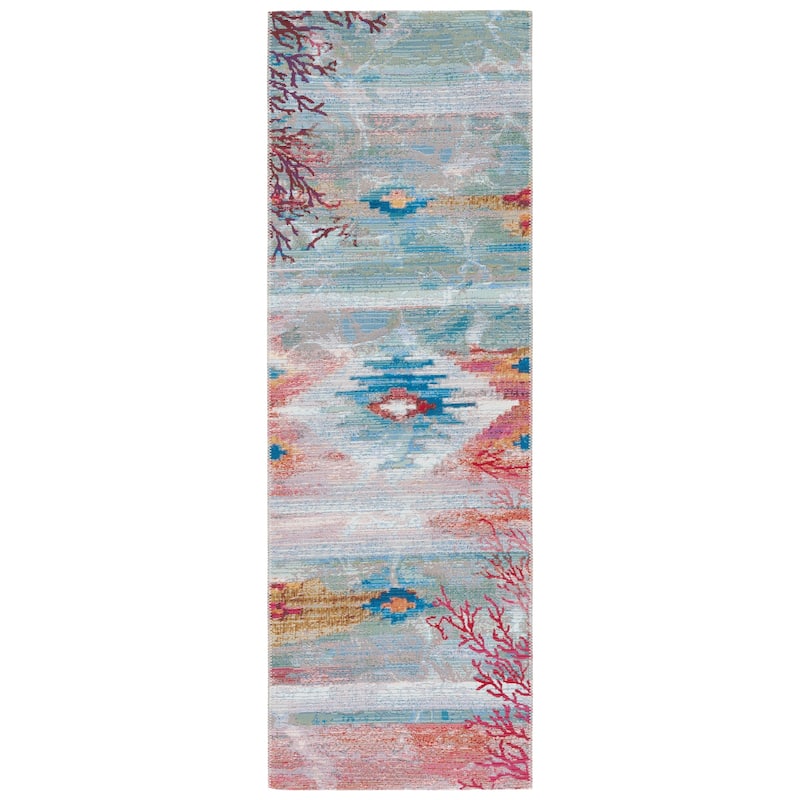 SAFAVIEH Barbados Santos Tropical Indoor/ Outdoor Waterproof Patio Backyard Rug - Light Blue/Pink - 2'8" x 10'5" Runner