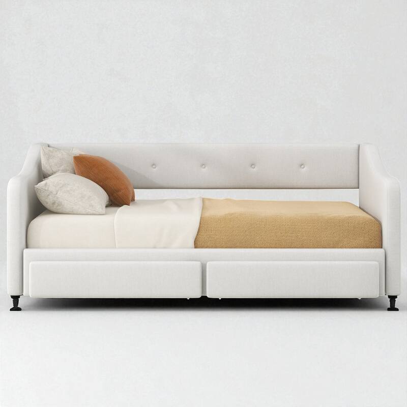 Twin XL Upholstered Daybed with Trundle, Converts to King, 2 Storage Drawers, No Box Spring Needed