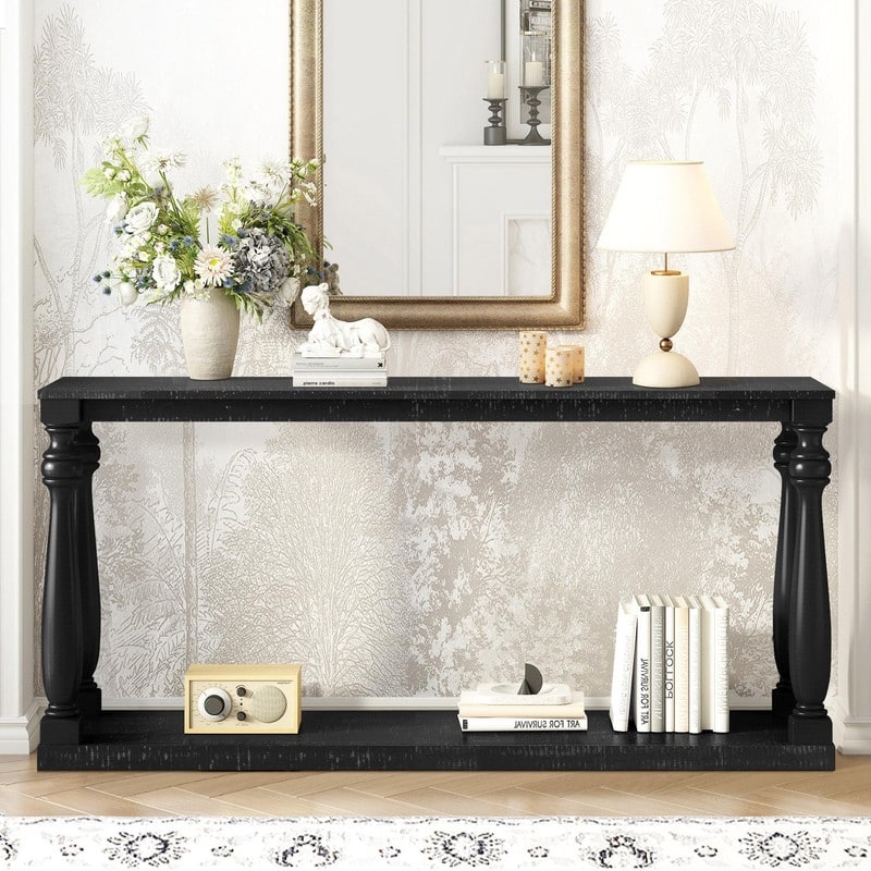 Vintage 63" Long Console Table with Bottom Shelf and Solid Wood Legs for Entryway and Hallway Decor