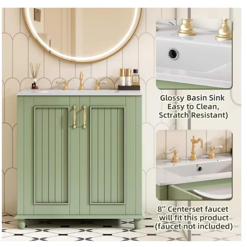 Rural Pastoral Style Bathroom Vanity Freestanding Vertical Stripe Cabinet with Ceramic Sink, Hidden Drawer and Gold Handles