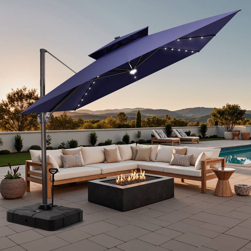 11 FT Square Outdoor Patio Cantilever Umbrella with Solar Lights Rod Wheel Base Double Canopy 360 Rotation Tilt - NavyBlue
