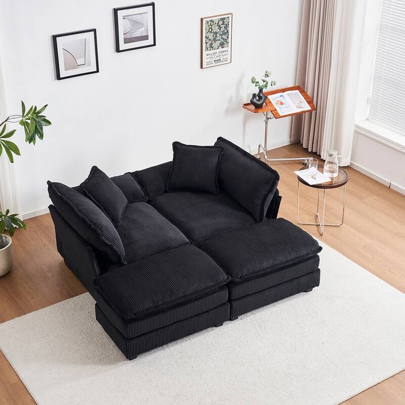 84.6" Corduroy 2-seats sofa With 2 back pillows,2 toss pillows and two ottoman