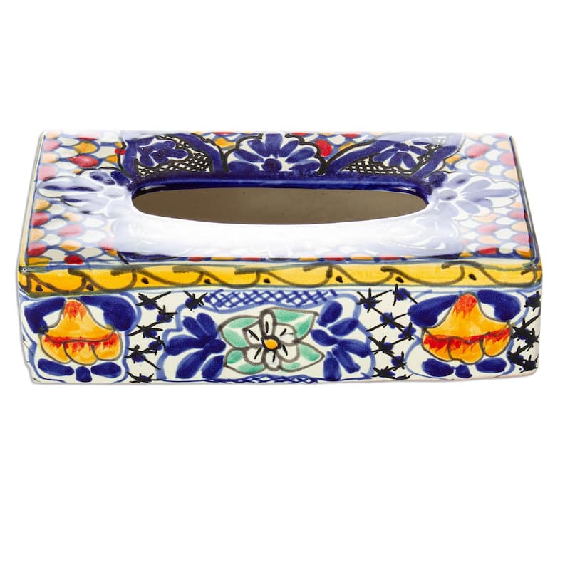 Novica Handmade Cobalt Flowers Ceramic Tissue Box Cover